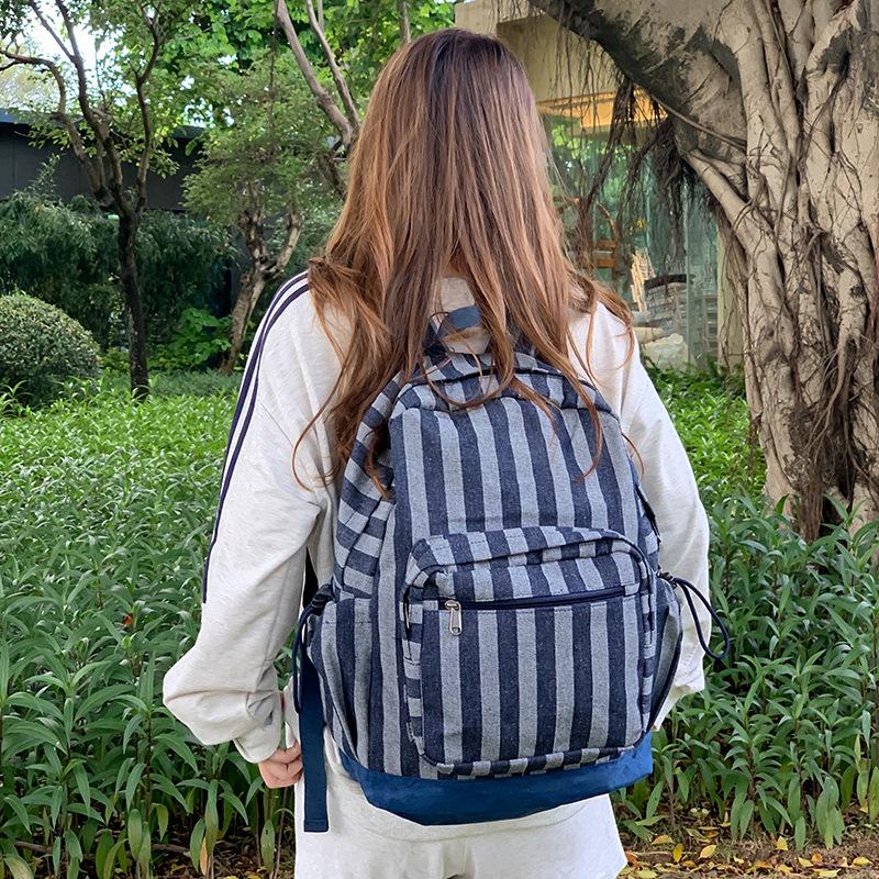 Schoolbag Japanese Retro Star Striped Denim Backpack Large Capacity Travel Bag Student Schoolbag Computer Bag Backpack
