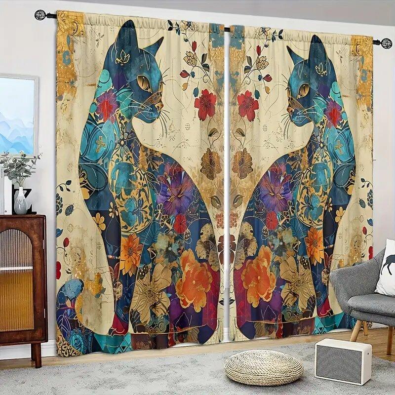 2 Pieces of Bright Artistic Cat and Floral Printed Curtains, Pole Bag Room Decoration, Home Decoration