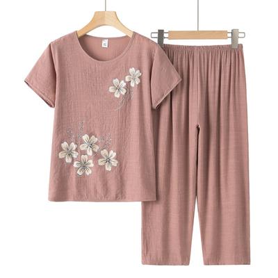 Damen Sommer Baumwolle und Leinen Locker Hausanzug Dünner Abschnitt Druck Kurzarmhemd + Hose Zweiteiliges Set