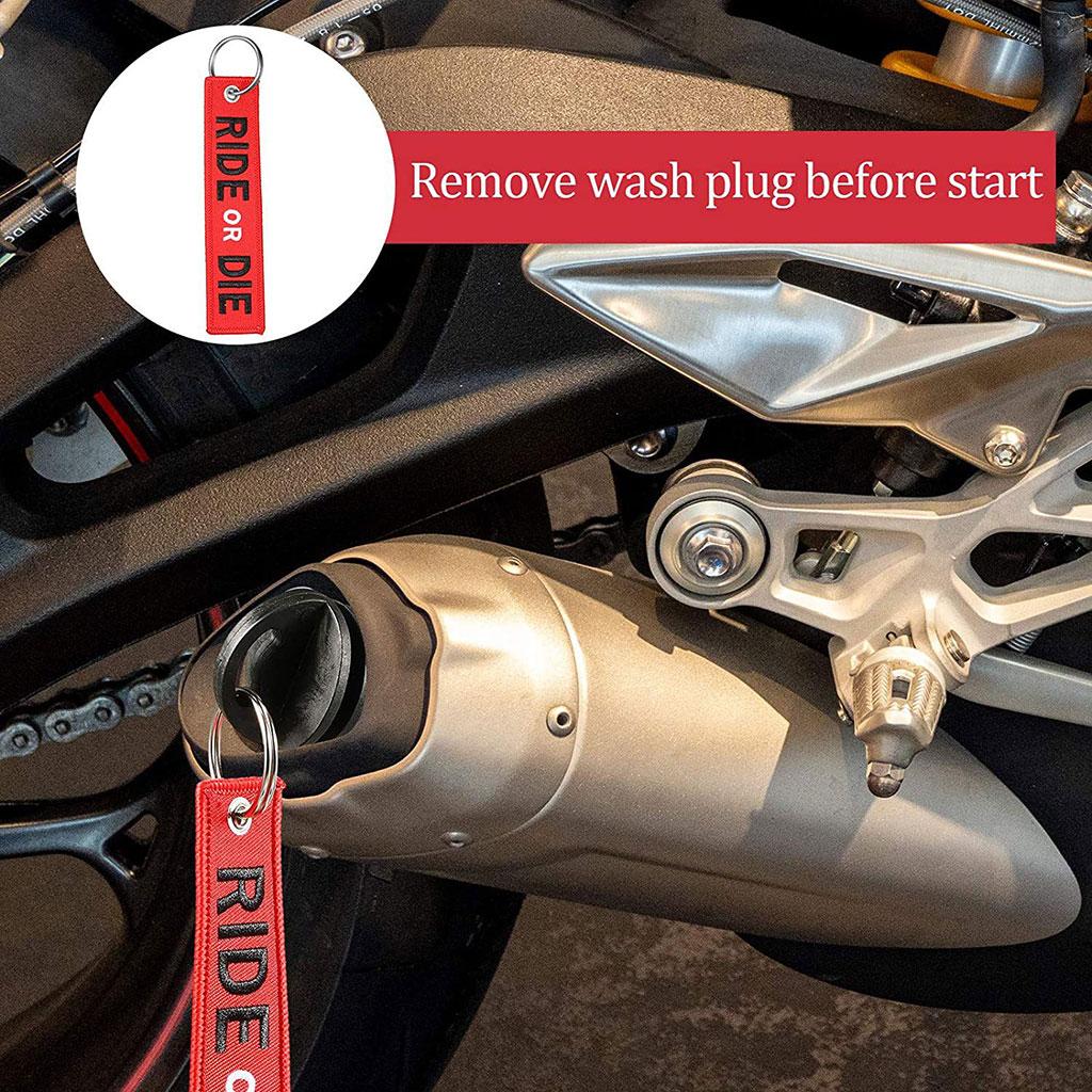 Portable Small Black Exhaust Silencer Pipe Wash Plug with Embroidery for Key Holder Red RIDE OR DIE Keychain