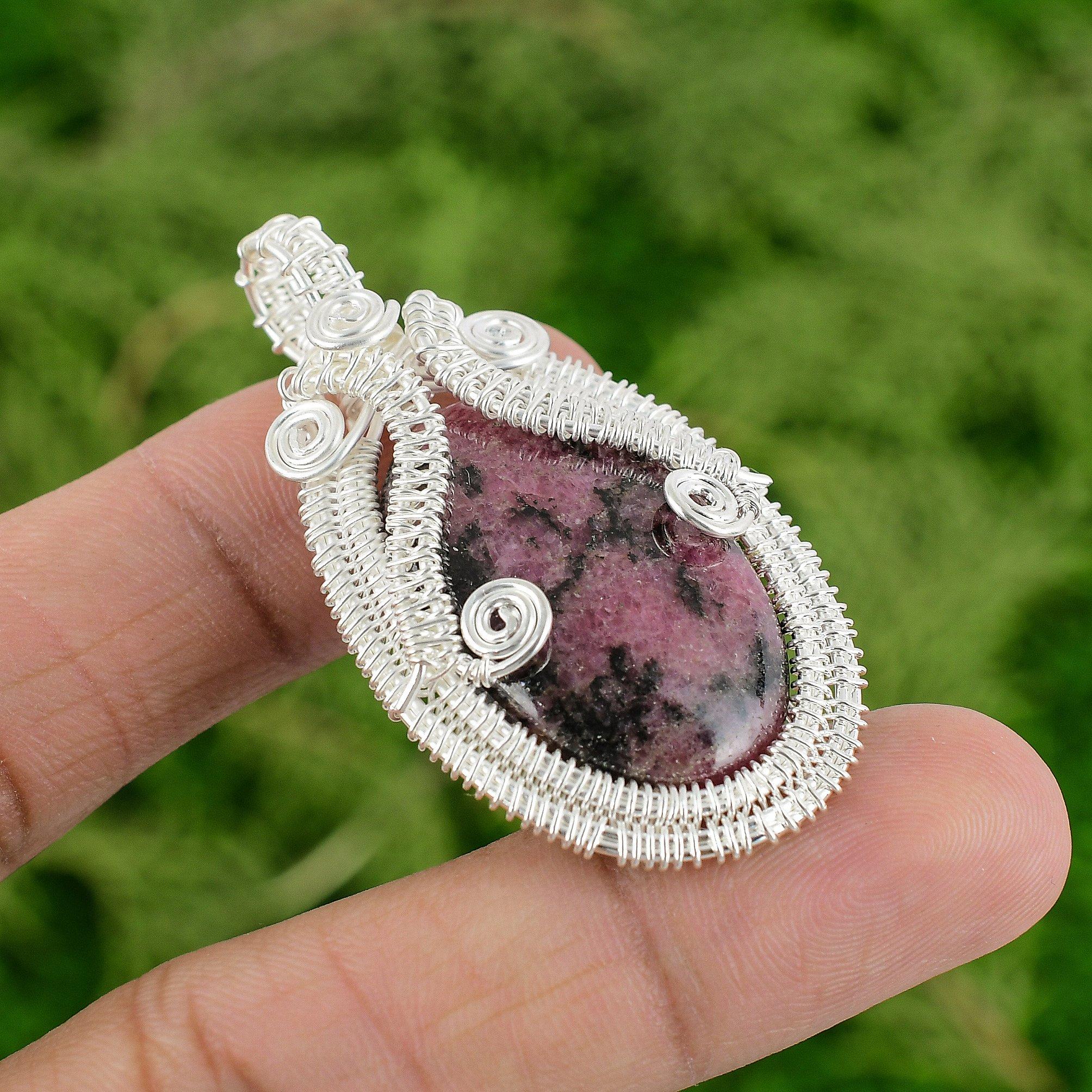 

Daughters Day Deal 925 Silver Heart Chakra Rhodonite Stone Wire Wrap New Pendant