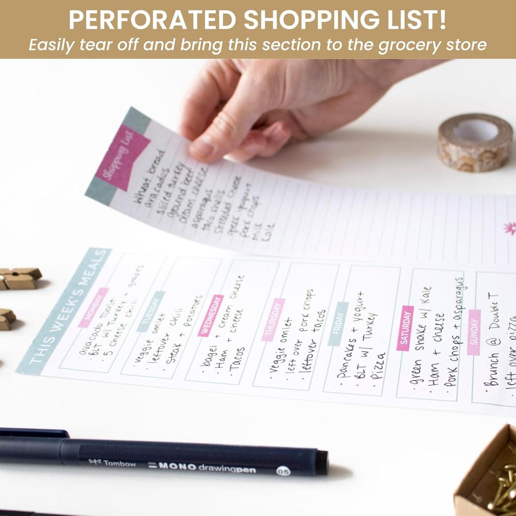 bloom daily planners Weekly Meal Planning Pad - Magnetic Hanging Refrigerator Menu Planner with Tear-Off Sheets & Perforated Grocery Shopping Lists -