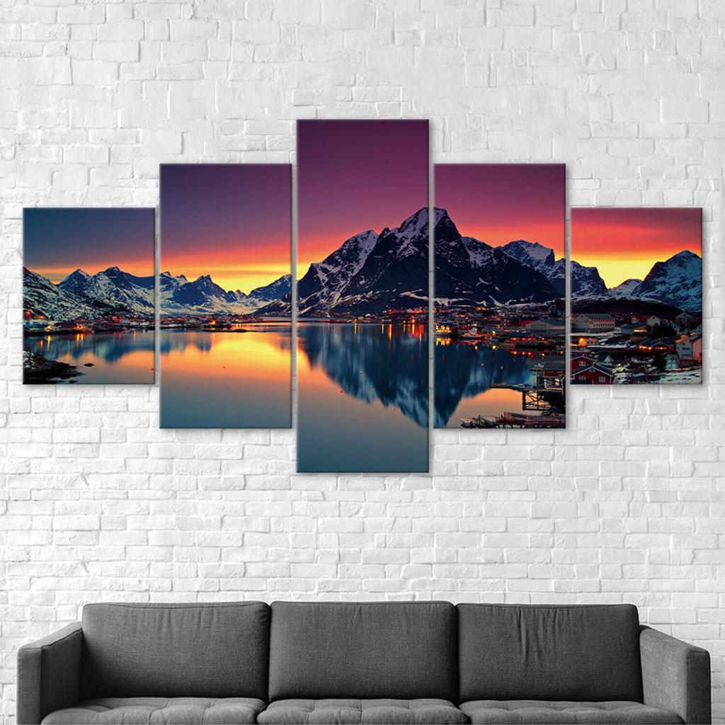 Nordic Town Evening Sky 5 Piece Canvas Wall Art Multi Panel Print Modern Winter Mountain Landscape Poster Home Decor Gift For Him For Her