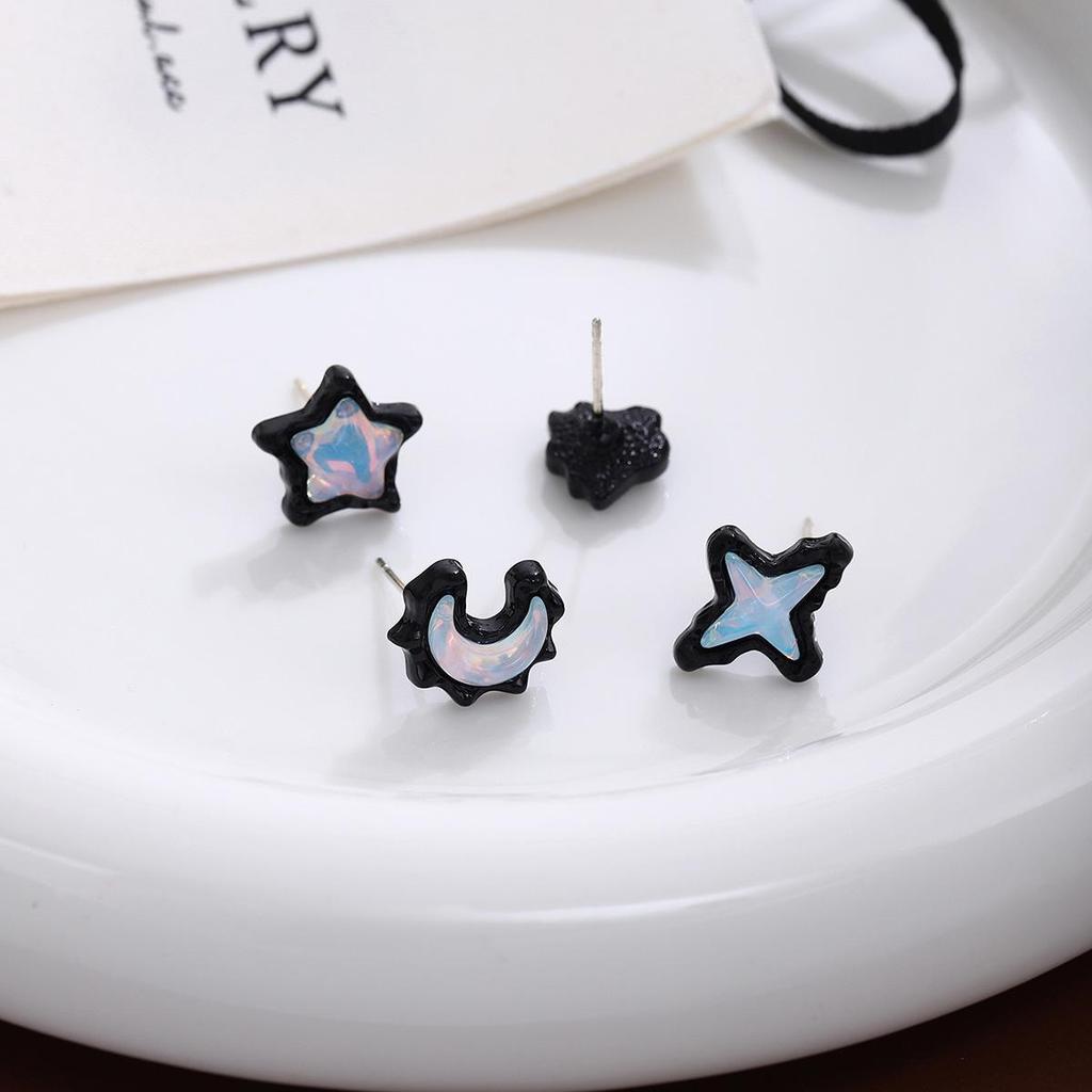 High-End Silver Needle Stud Earrings with Clear Blue and Pink Stars & Moon - Autumn/Winter Style