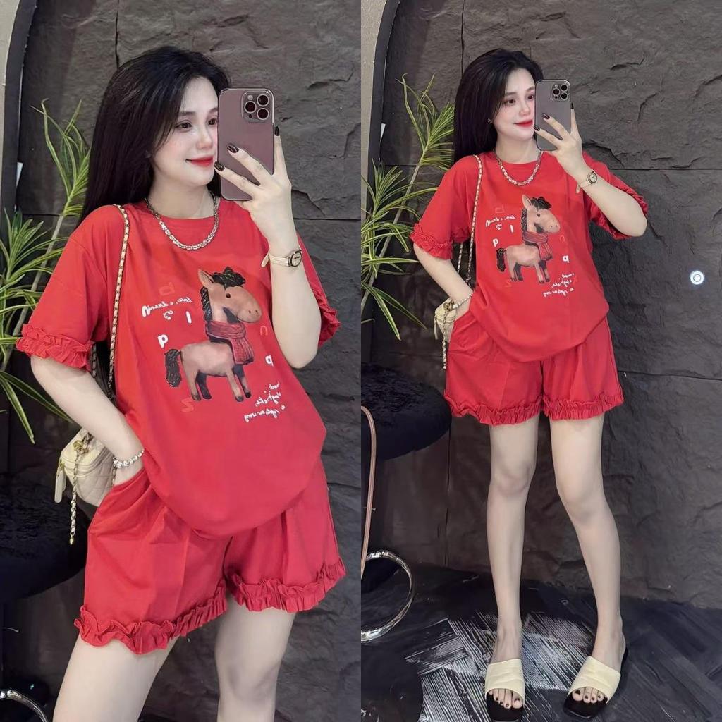 Cute Horse Print Women's Summer Two-Piece Suit: Loose Short Sleeve Top & Shorts