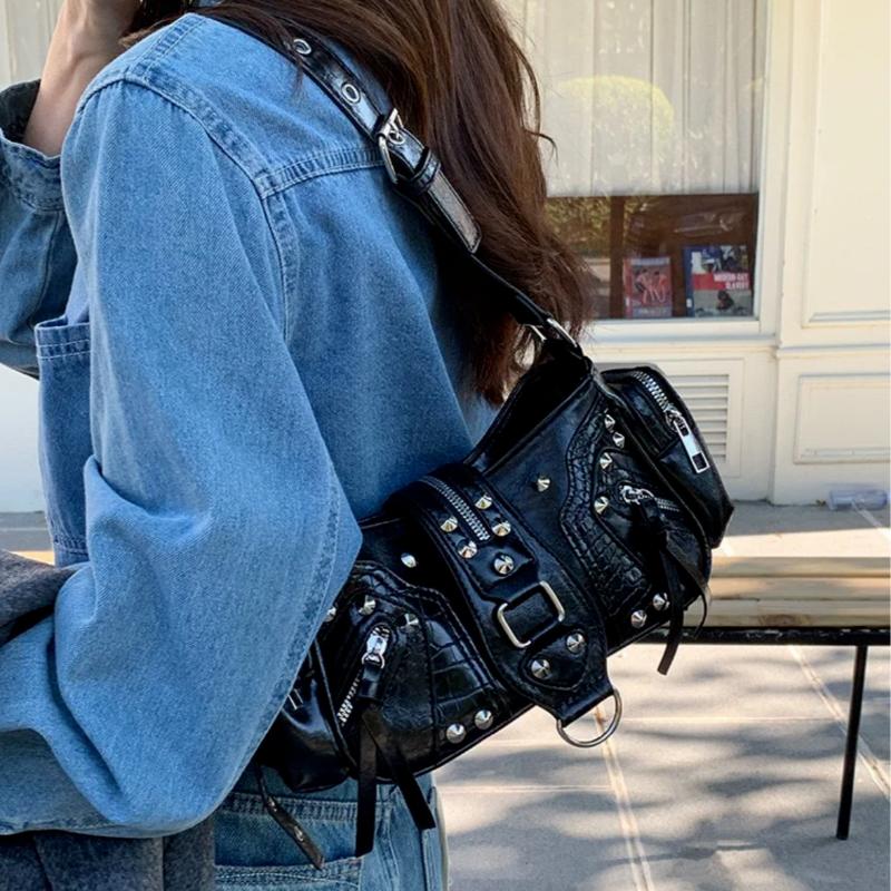 European American Y2k Studded Shoulder Bag Retro Motorcycle Bag Stylish Leopard Print Cow Print Handbag Designer Underarm Bag