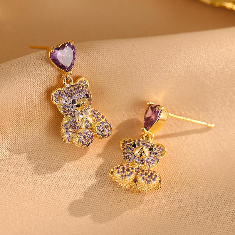 925 Silver Needle Micro-Inlaid Zircon Bear Earrings Women'S Niche Design Love Stud Earrings Fashion Temperament Earrings