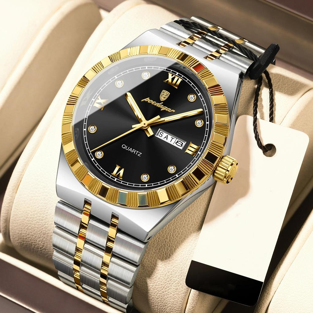 POEDAGAR Original Military Man Wristwatch Quartz Week Date Watch For Men Waterproof Luminous Stainless Steel Men's Watches