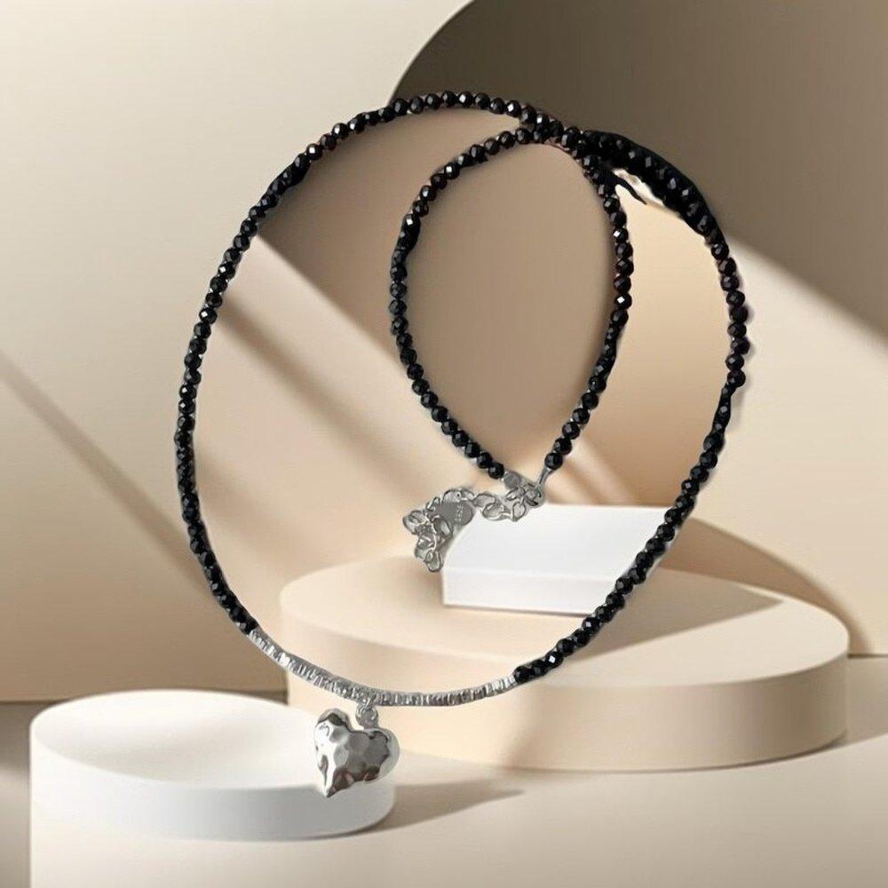 Women's 925 Silver Heart Crush Black Bead Necklace