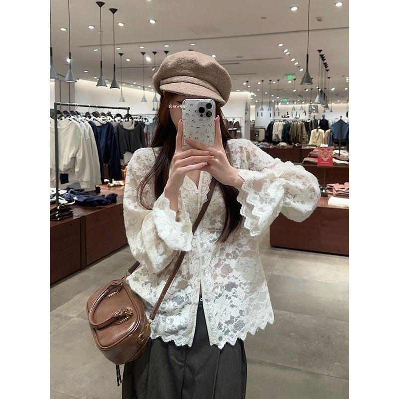 Kumikumi Gentle Stylish Bell Sleeve Lace Shirt Women's Autumn Thin Loose Slim Looking Creamy-white Tops