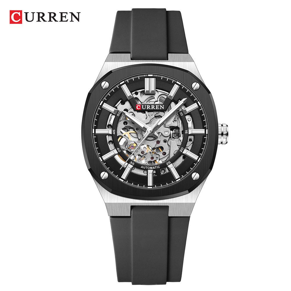 CURREN 8485 Минималистичные механические мужские наручные часы-скелетоны с резиновым ремешком