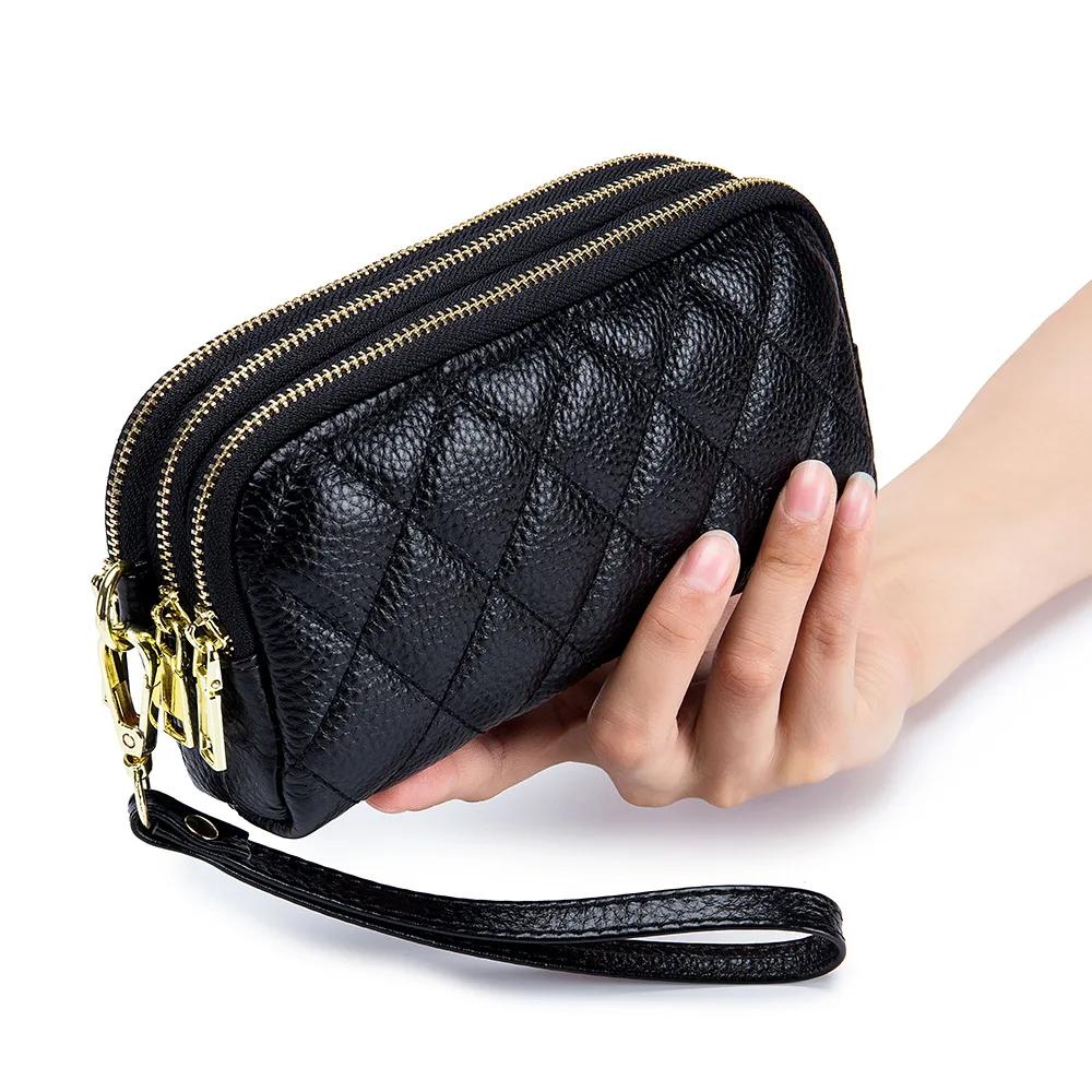 Damen Clutch aus echtem Leder Oberlederschicht lange Geldbörse dreilagige multifunktionale gesteppte Handytasche