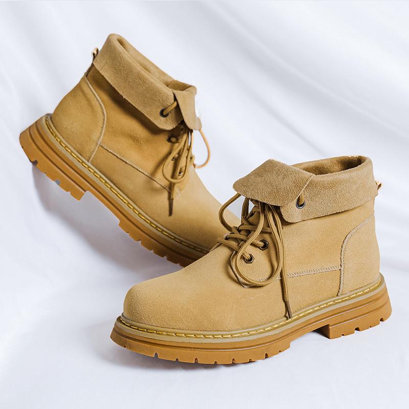 Modevarumärke Herr Äkta Läder Brittisk Stil Bekväma Mellanhöga Stövlar Höst Herr Ny Klassisk Gula Snörning Höga Stövlar