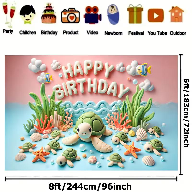 2D "Happy Birthday" Ocean Turtle Tapestry, Underwater Party Background