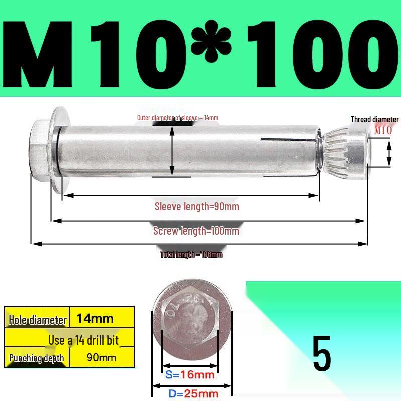 Stainless Steel Expansion Screw: Hexagonal Head with Internal Expansion (304/201), Sizes M6, M8, M10, M12.