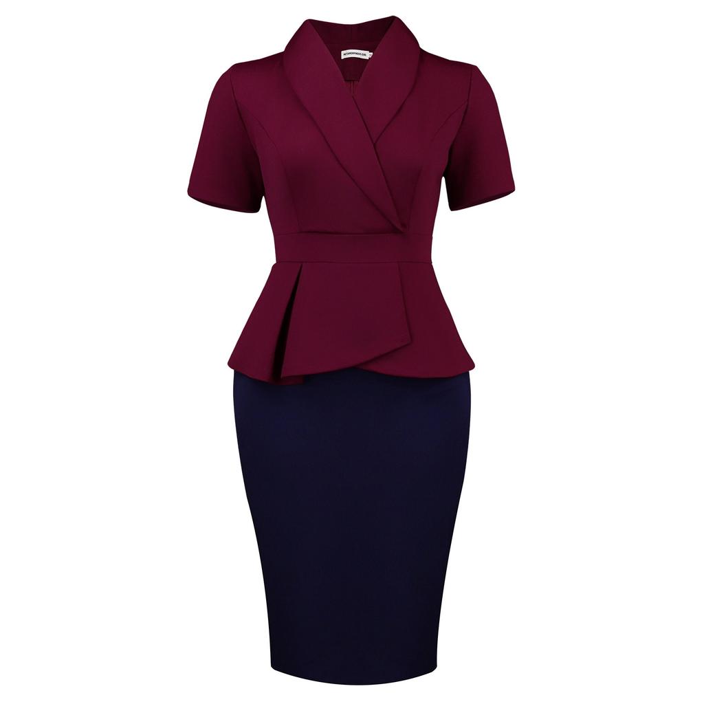 Übergröße Damen Kurzarm Rüschen Farbblock Hoher Bund Bodycon Midi Kleid