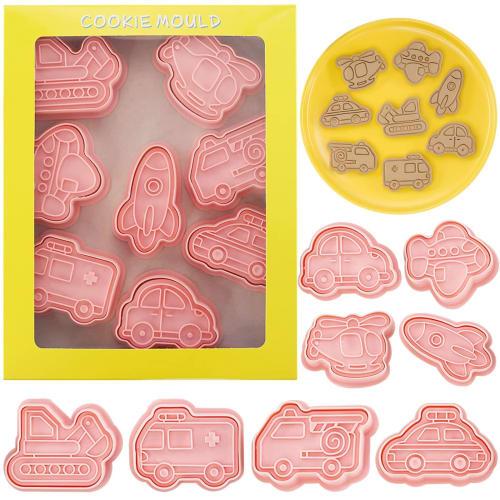 BREYLEE 8-Piece Vehicle A-Shaped Cookie Cutter Set: Car, Rocket, Bus, Ambulance, Excavator, Helicopter, Airplane. Perfect for baking, kitchen baking,