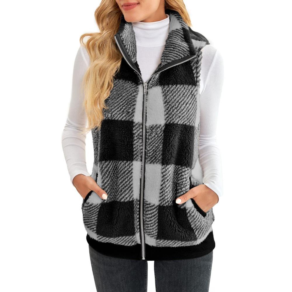 Women's Stand Collar Sleeveless Plaid Fleece Vest Loose Fit Casual Zip Up Gilet Outerwear