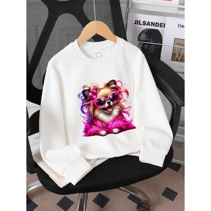 Kids Crewneck Sweatshirt, Cute Dog with Pink Fur Bow & Glasses Graphic Print,Spring Autumn Casual Sport Tops 110 белый