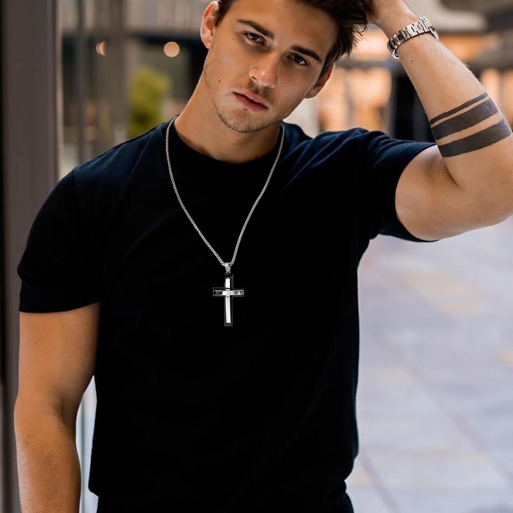 Stylish Layers Cross Necklaces for Men Boys,Two Tones Black Silver Color Cross Pendant, Religion Prayer Collar