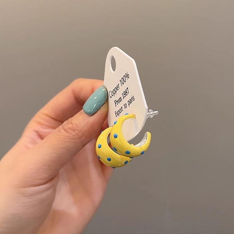 Milk Yellow Polka Dot Dripping Oil Half Circle Earrings Spring And Summer Temperament Small Fresh Stud Earrings For Women