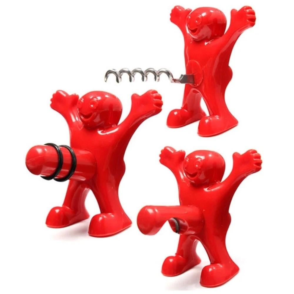 Novelty Reusable Little Red Man Funny Wine Beer Bottle Opener Set Creative Wine Stopper Household Tools Bar Kitchen Accessories