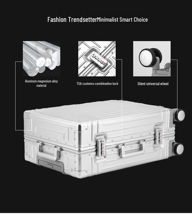Aluminum-Magnesium Alloy Trolley Case: Universal Wheeled Luggage in 20”, 24”, 26”, 29” for Men and Women—Hard Shell Travel Suitcase