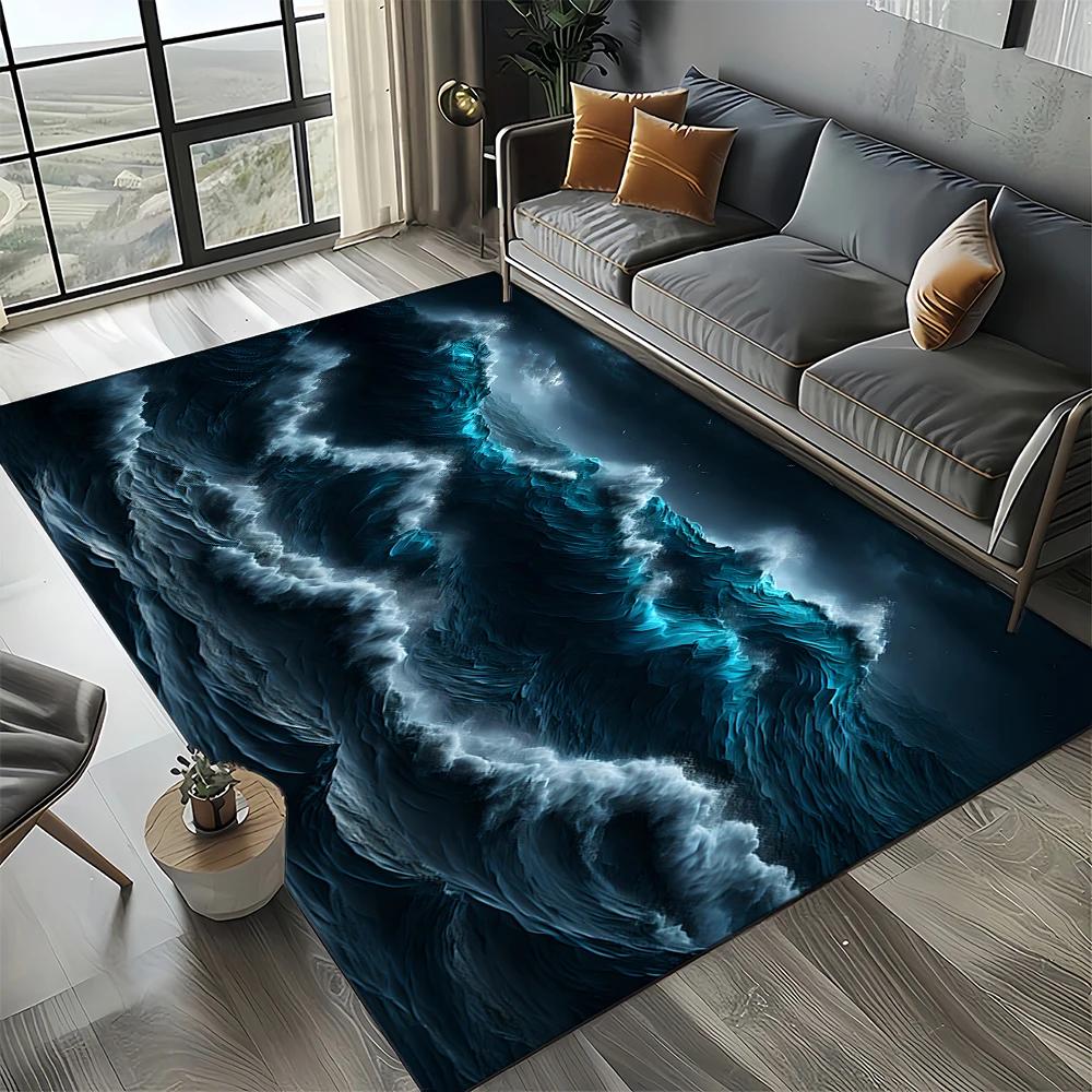 2025 New Style Blue Green Sea Wave Seawater Nature 3D Carpet Rug for Living Room Bedroom Home Sofa Decoration,Non-slip Floor Mat