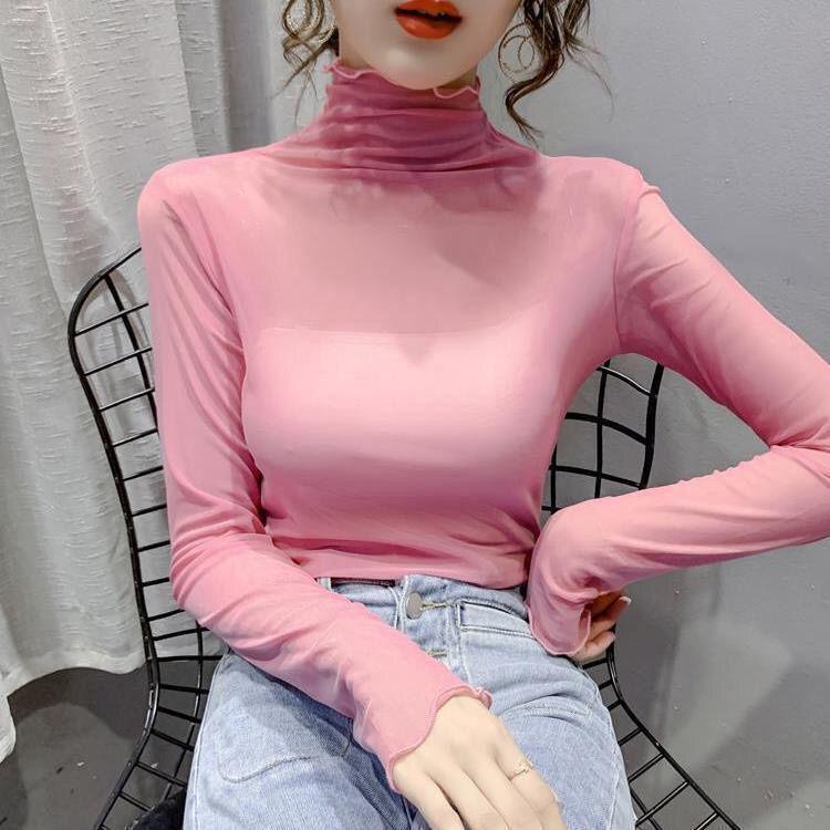 

Рубашка на кружевной основе, женская, с длинными рукавами, сетчатый внутренний топ, футболка с высоким воротом, газовая куртка 2XL