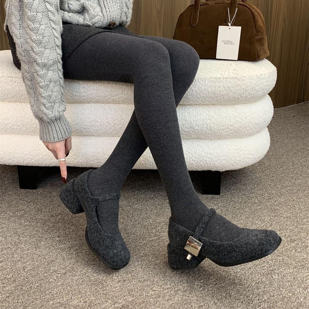 Gray Mary Jane fluffy shoes women's winter wear new French retro woolen thick heel single shoes women's velvet high heels