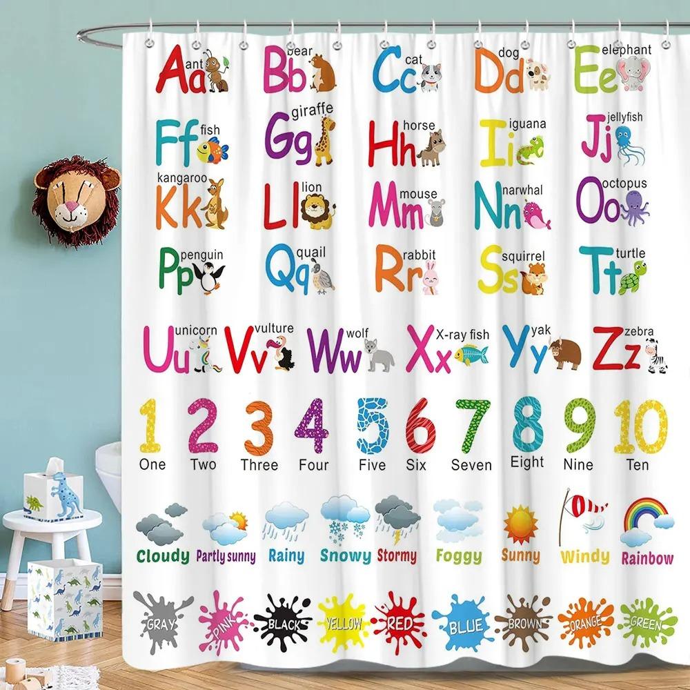 

Детские занавески для душа с алфавитом для декора ванной комнаты ABC Образовательный инструмент для обучения Малыш Мультяшные животные Цветные Девочки Мальчики Печатные 90x180cm35x71in