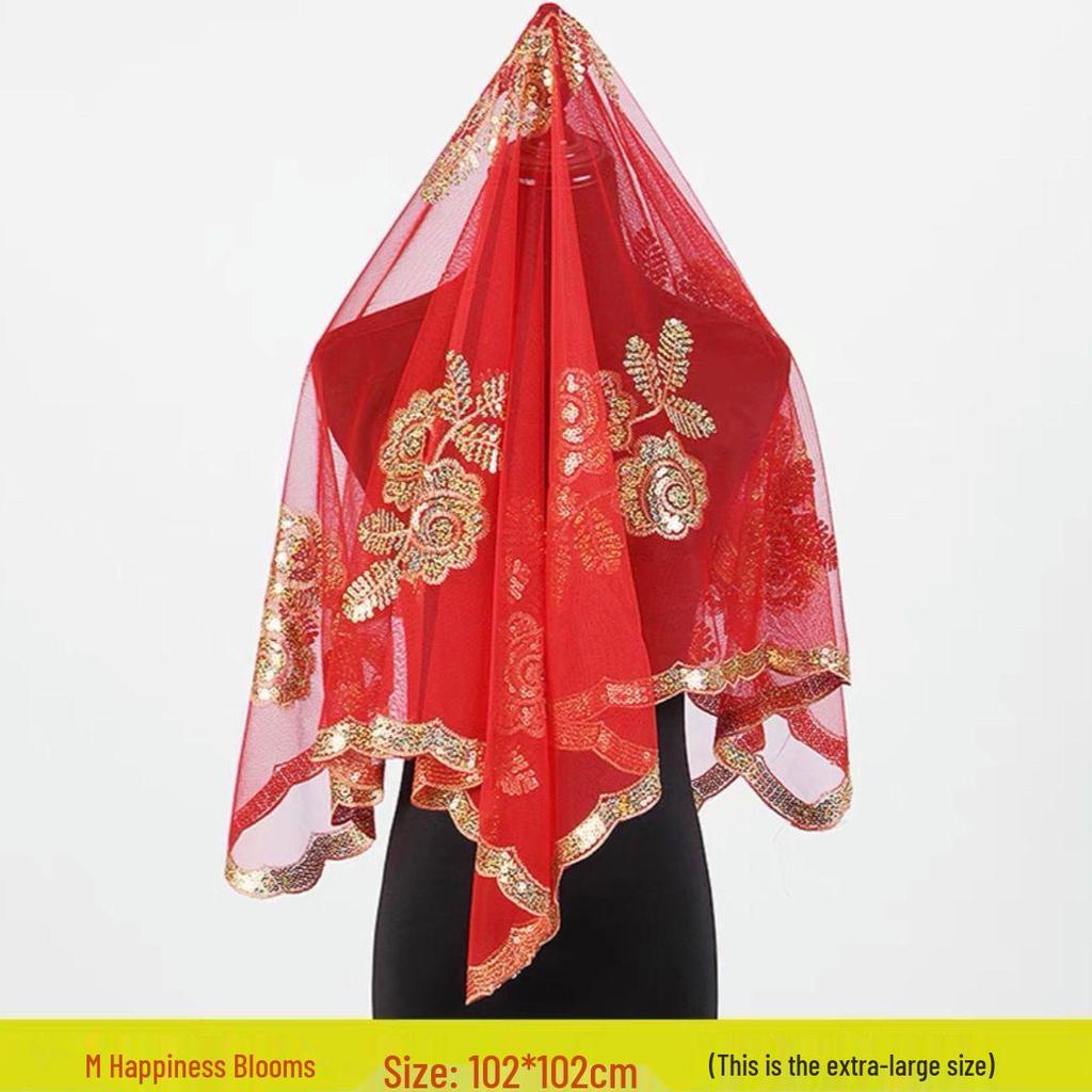 Red Xiuhe Summer Bridal Dress with Semi-Transparent Veil and Head Covering