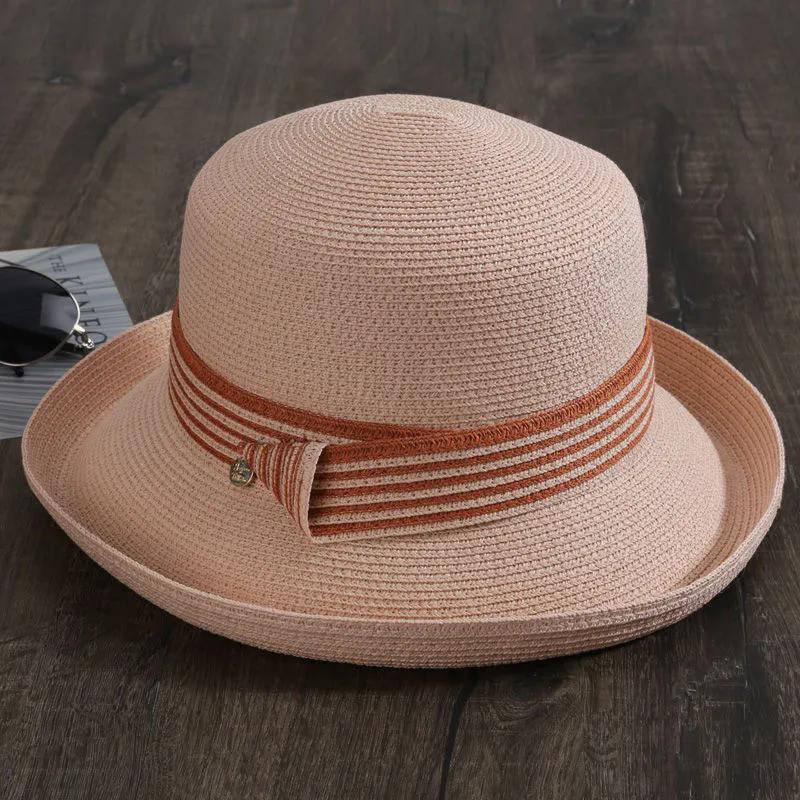 WTEMPO Elegant Casual Foldable Summer Straw Hats Women's Striped Wide Brim Solid Color Outdoor Sunscreen Hats