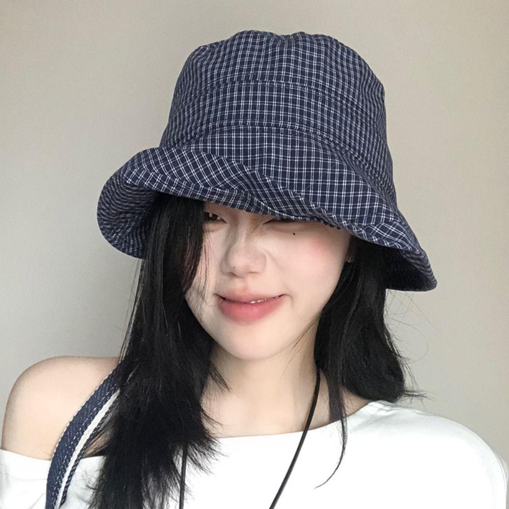 Quick-dry Plaid Sun Hat Curled Fisherman Caps Korean Plaid Bucket Cap  for Women