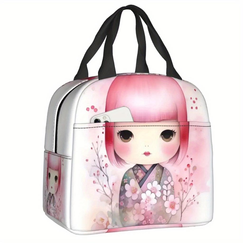 Cherry Blossom Kokeshi Doll Insulated Lunch Bag - Reusable Thermal Cooler Bento Box with Cute Sakura Design
