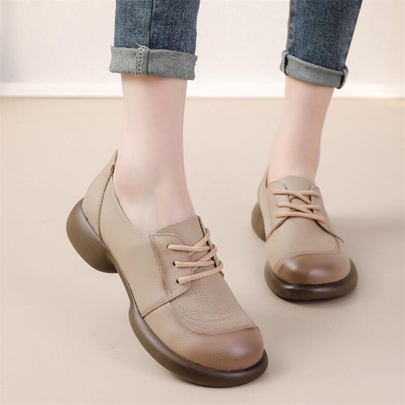 Fashion Cowhide Women Shoes Fashion Mid Heel Thick Soled Genuine Leather Retro Loafers Spring Autumn Flat Women Singles Shoes Mom Shoes