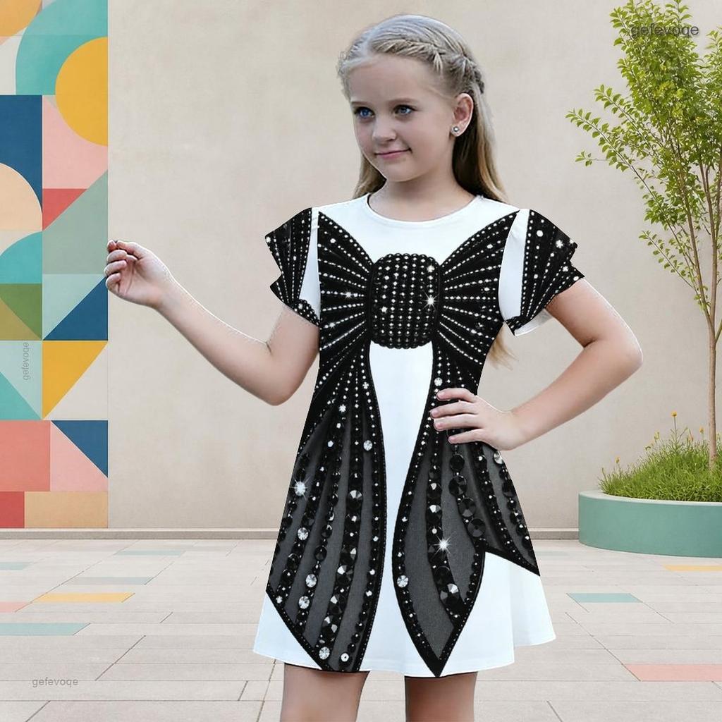 Girls Round Neck Flutter Sleeve Black Tree Floral Printed A Line Flared Dress