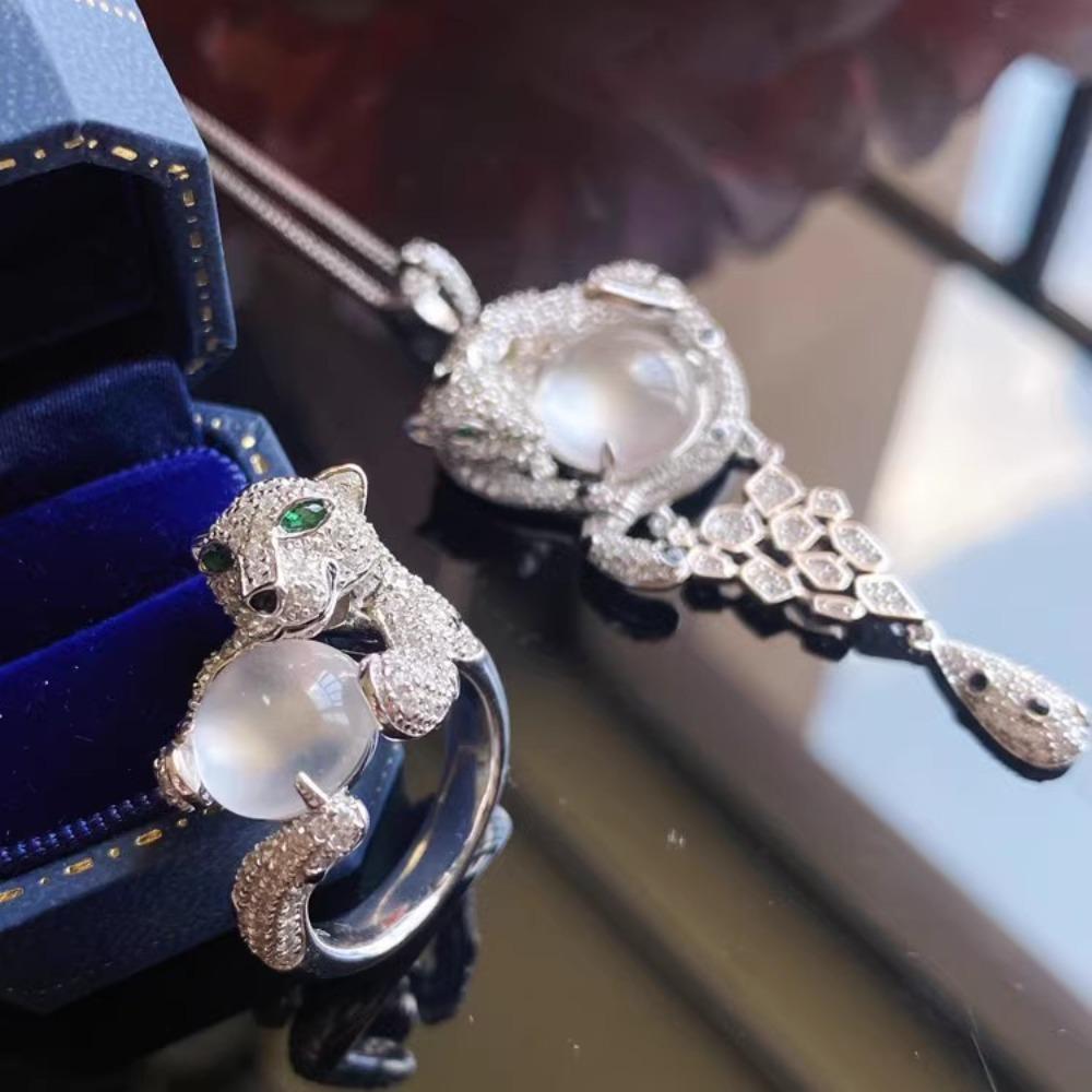 Роскошный набор украшений  Пантера  Натуральный кулон-ожерелье из халцедона Кольцо с агатом Женский элегантный подарок с драгоценным камнем