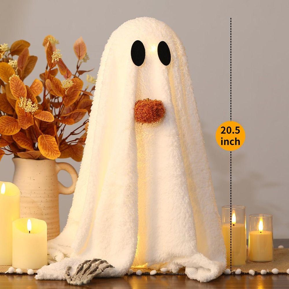 2 Pack with Pumpkin Light-Up Sherpa Ghosts Cute Ghost Tabletop Decor Halloween Decorations Party