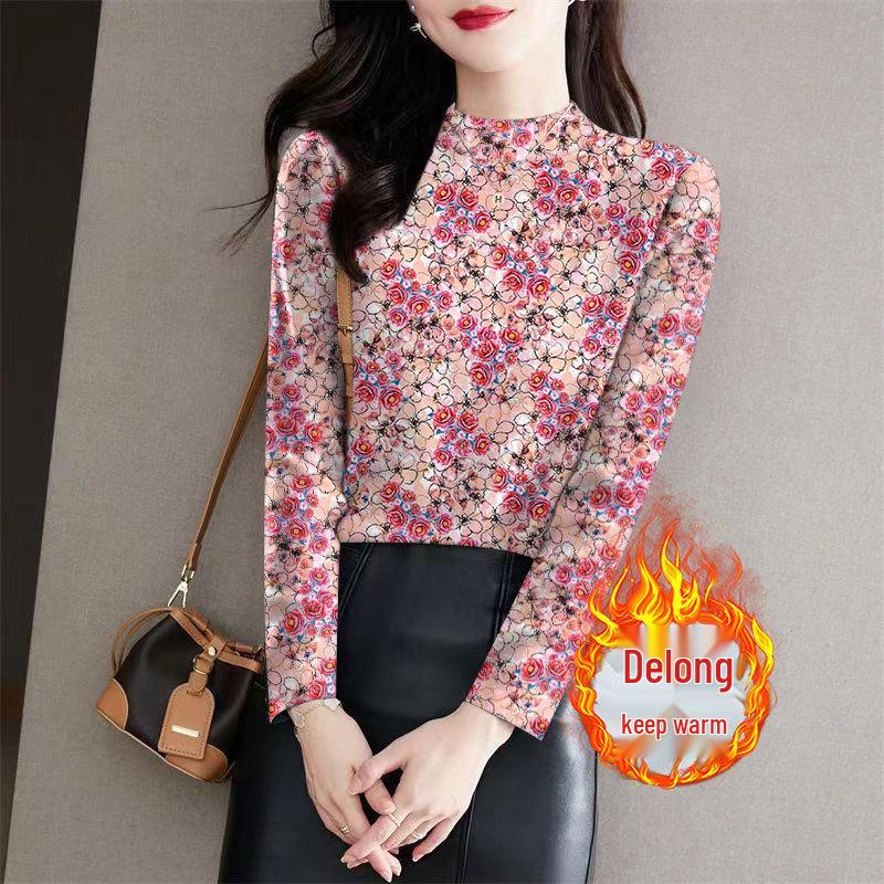 High-Neck Floral Thermal Ribbed Base Layer Top for Middle-Aged & Elderly Women - Long Sleeve Winter Wear