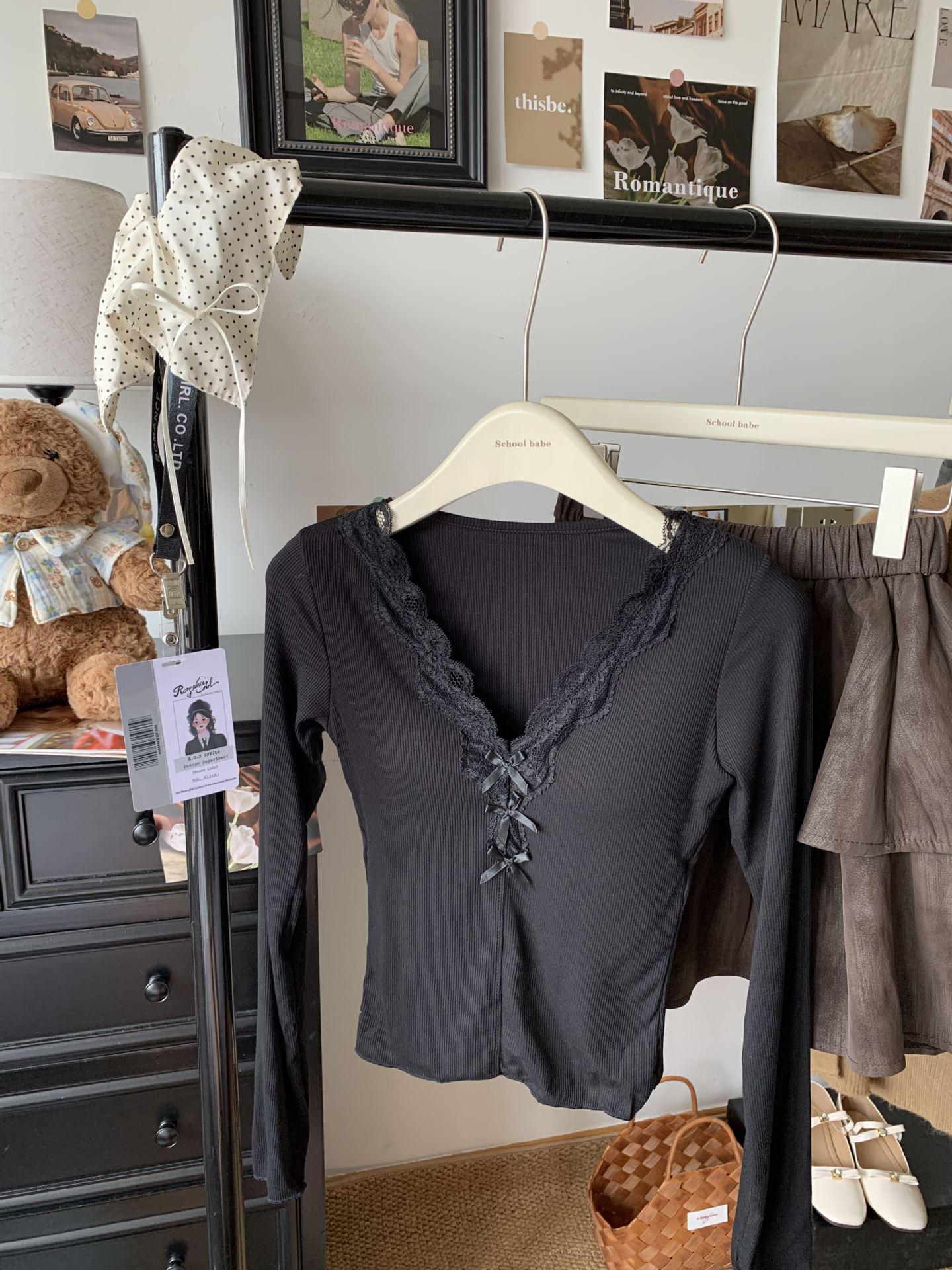 Autumn Sweet Style Lace Trim Long Sleeve Women s T-Shirt with 3D Bowknot One Size чёрный