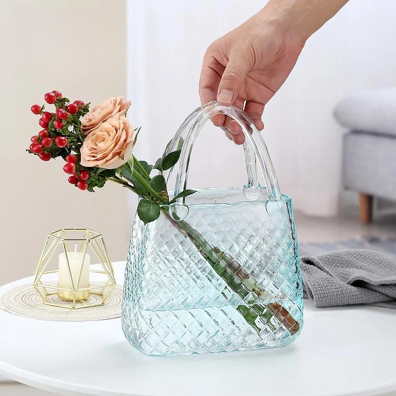 Ästhetische Gewebemuster Handtasche Glasvase Transparent Bunt Hydrokultur-Vase Mini-Aquarium Foto-Requisite Modernes Zuhause Tischdekoration