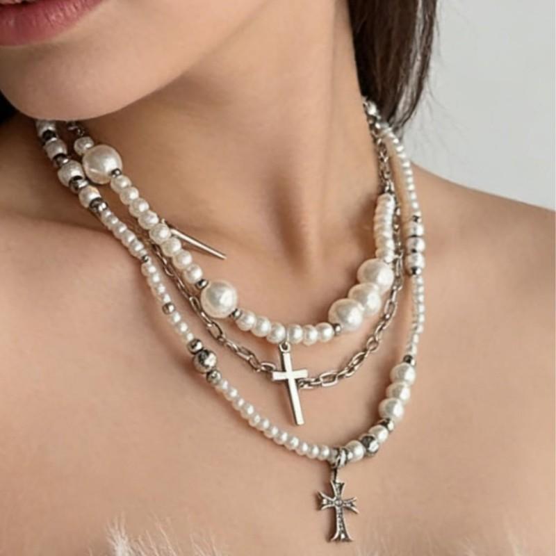 Original Multi-layer Stacked Cross Imitation Pearl Necklace, Niche Design Light Luxury High Sense Collarbone Chain for Women