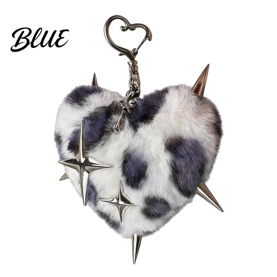 Bag Accessory Plush Leopard Love Heart Keychain Stuffed Keyring Pendant with Metal Star Punk Backpacks Decorative Keychain