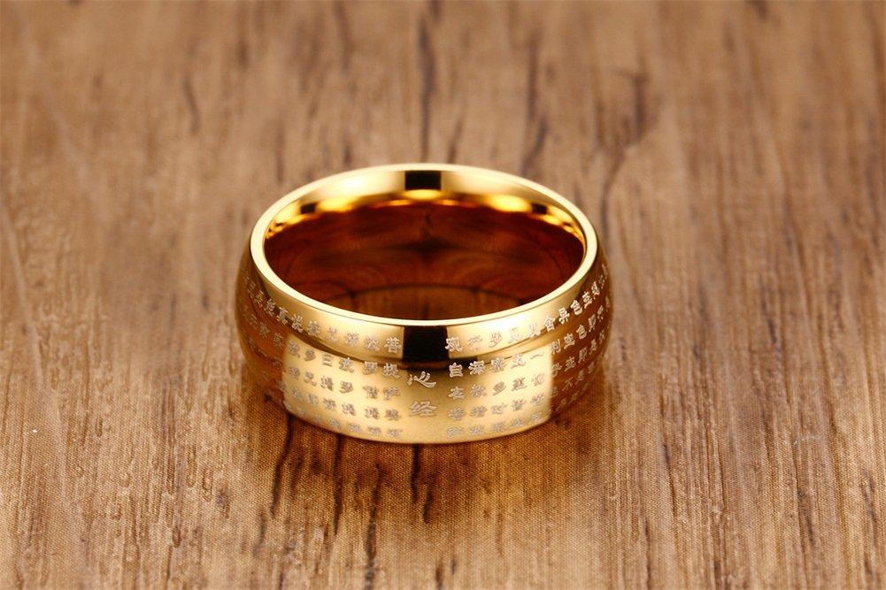 Rockyu Brand Titanium Ring for Heart Sutra 8mm Round Metallic Protection from Good Religious Style Men, Gold, Engraved, Top, Finish, Evil, Luck,
