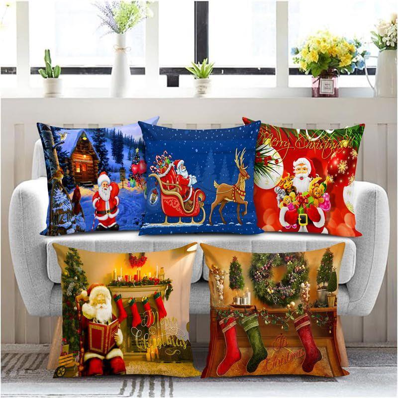 

Soft Fabric Designer Decorative Printed Merry Christmas Theme Cushion Cover Xmas Decorations for Sofa Living Room Set of 5 16 x 16 inch Multi
