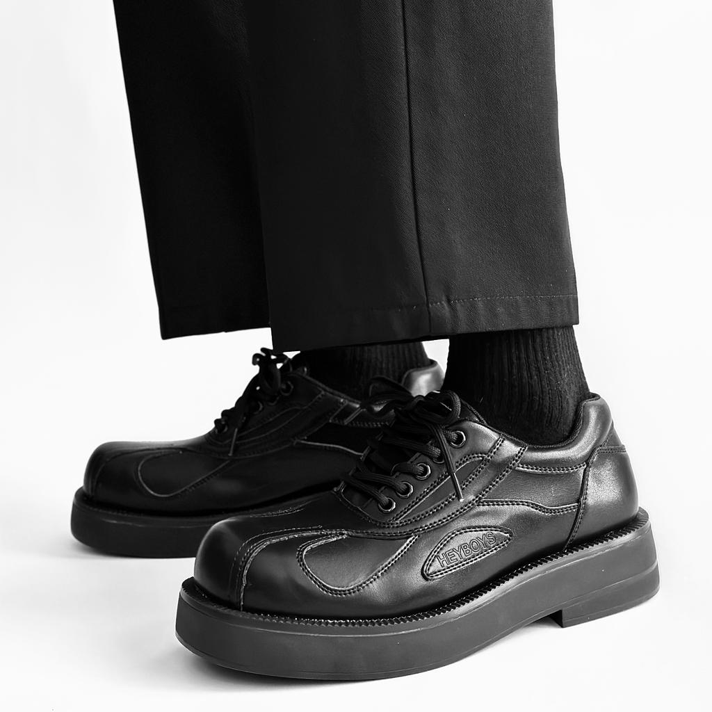 Men's round headed genuine leather shoes Fashionable black and white color blocking style Party thick soled walking office shoes