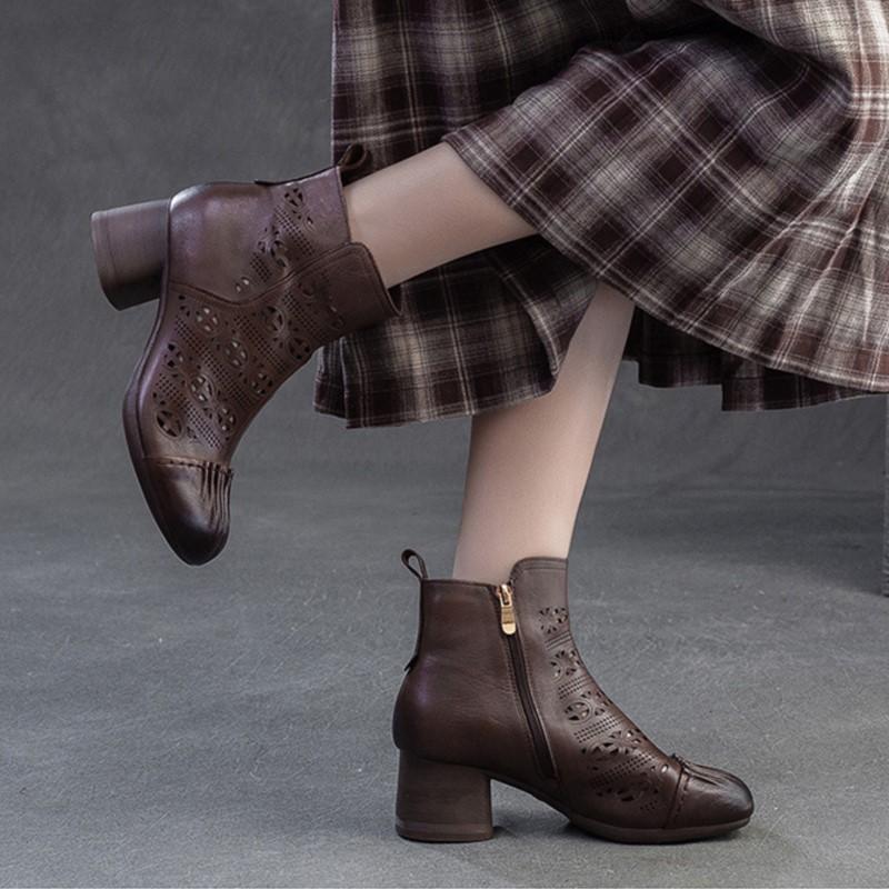 Fashion GKITINOO 2025 Summer New Commuter Thick Heel Genuine Leather Hollow-out Breathable Short Boots Vintage Women's Shoes