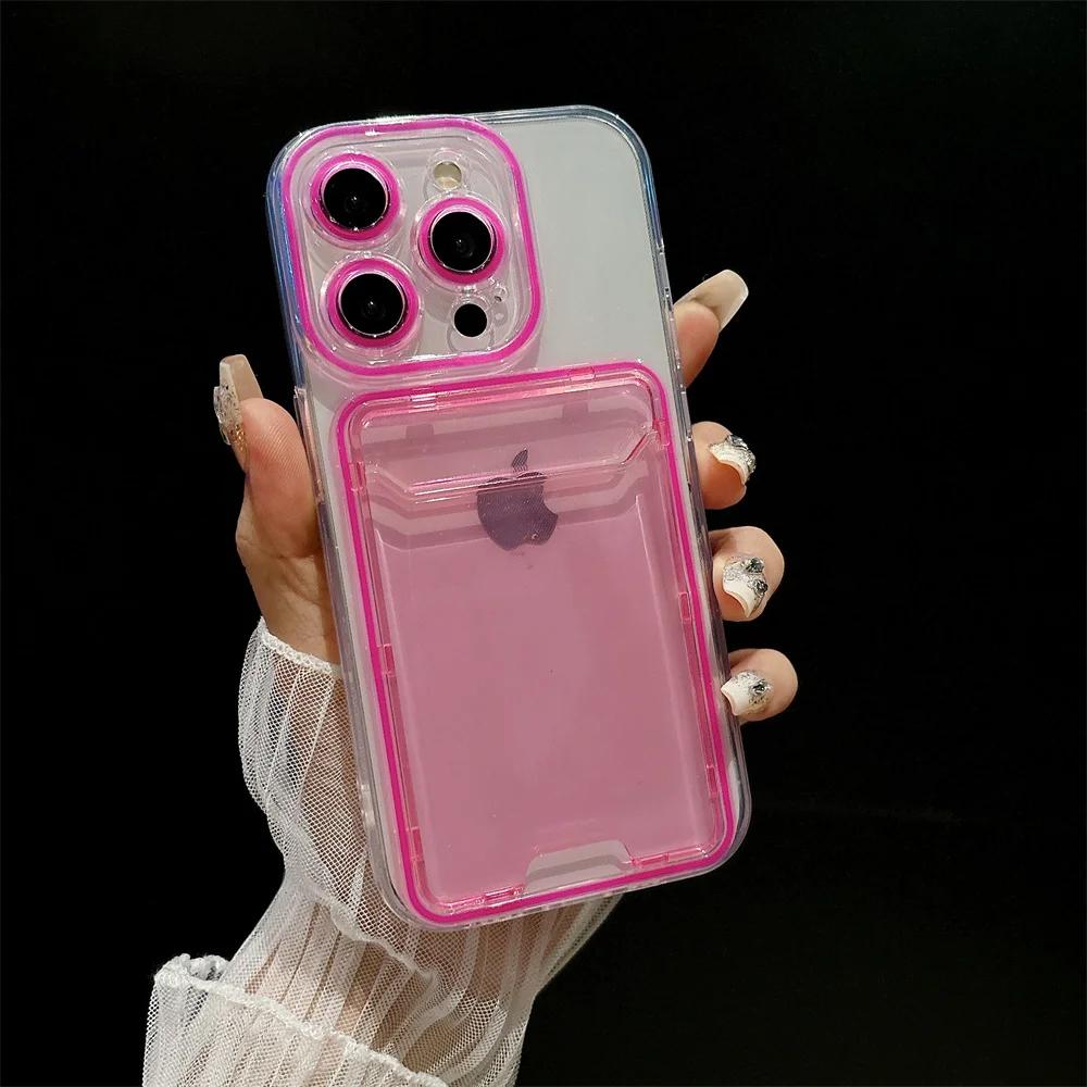 Card Holder Transparent Case for iPhone 15 14 13 16 17 Pro Max Air Plus 11 12 Double Color Wallet Soft Shockproof Cover