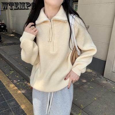 Half Zip Pullover Knit Woman Loose Slim Outerwear Chunky Sweater Jacket Top